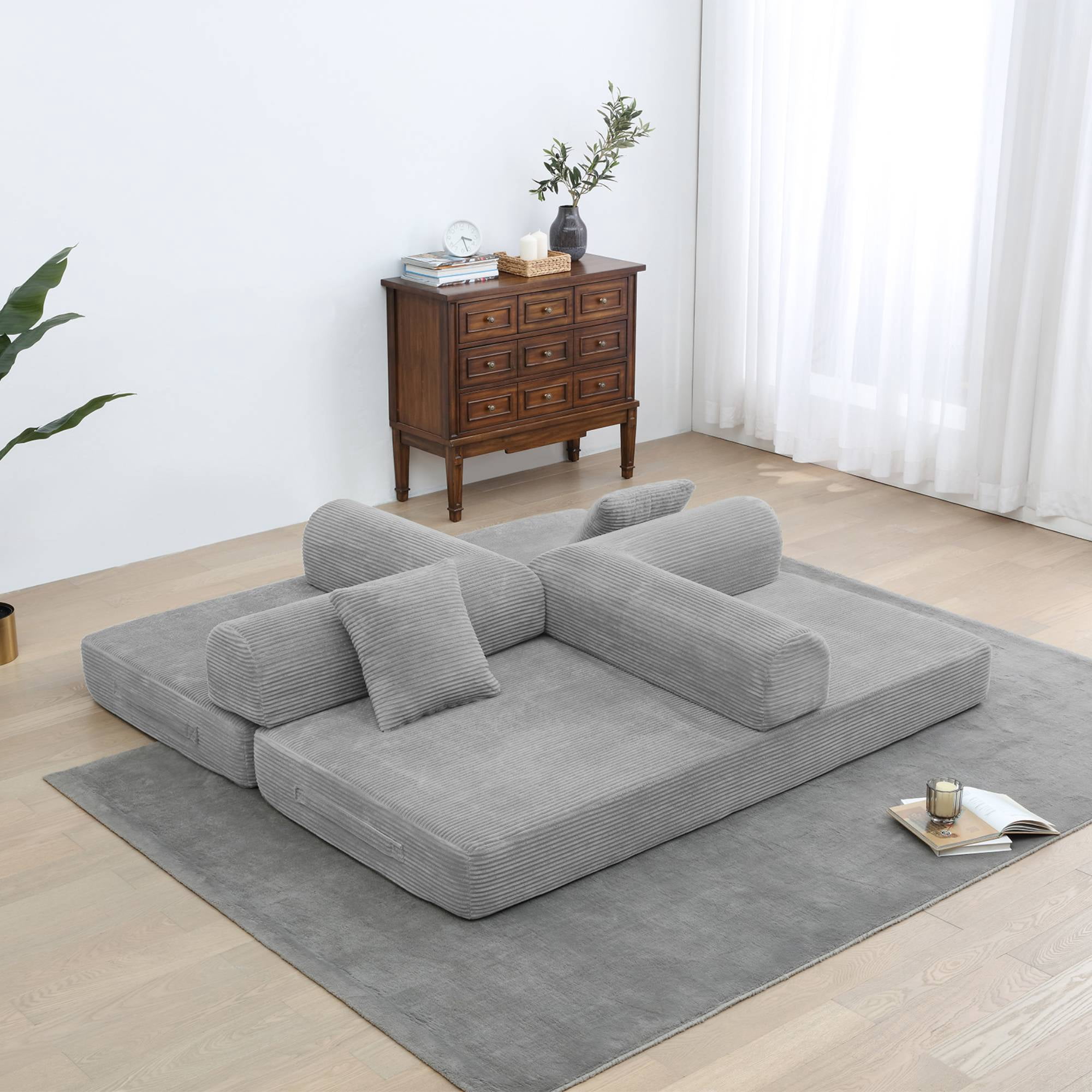 Convertible Sleeper Sofa Bed with Pillow, Corduroy Folding Mattress Floor Sofa Lounge Couch for Living Room, Bedroom, Light Grey