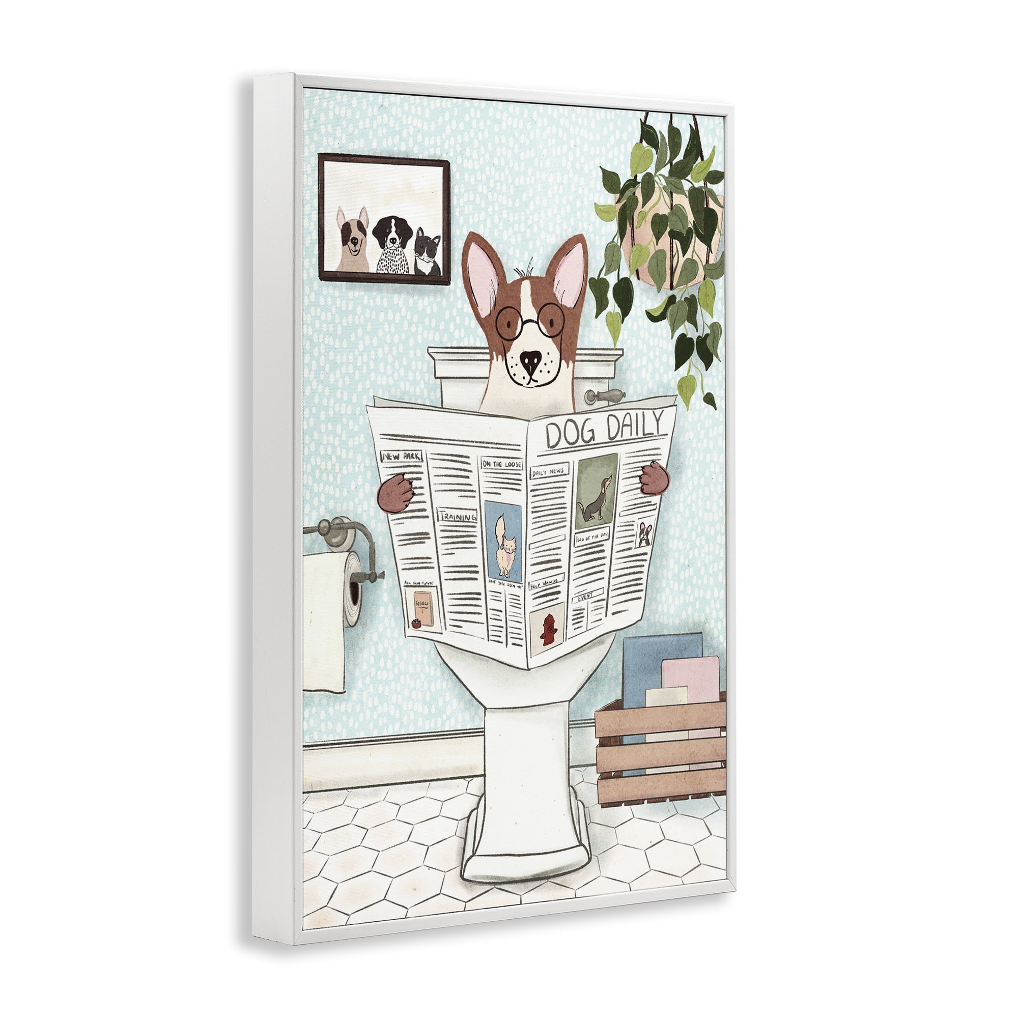 Stupell Industries Pup with Newspaper Typography Painting White Framed Art Print Wall Art, 12 x 18