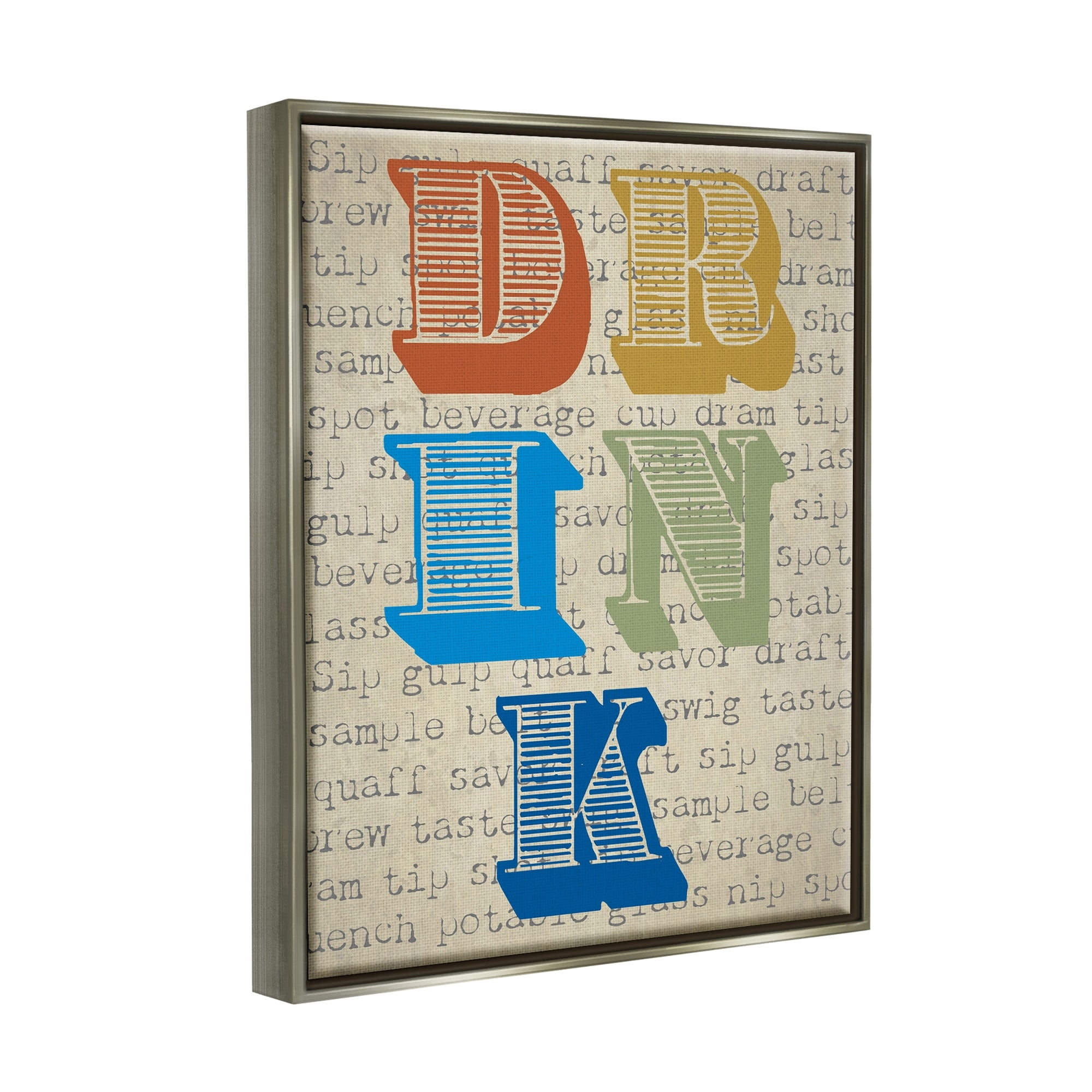 Stupell Industries Drink Antique Stamp Style Typography Kitchen Words Graphic Art Luster Gray Floating Framed Canvas Print Wall Art, Design by Graffitee Studios