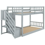 Euroco Wood Twin over Twin Floor Bunk Bed with Staircase for Kids Teens Room, Gray