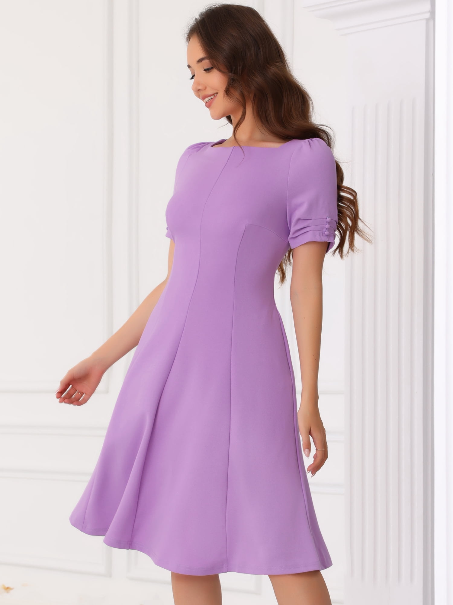 DARING DIVA A-Line Square Neck Ruched Short Sleeve Work Dress S Lavender