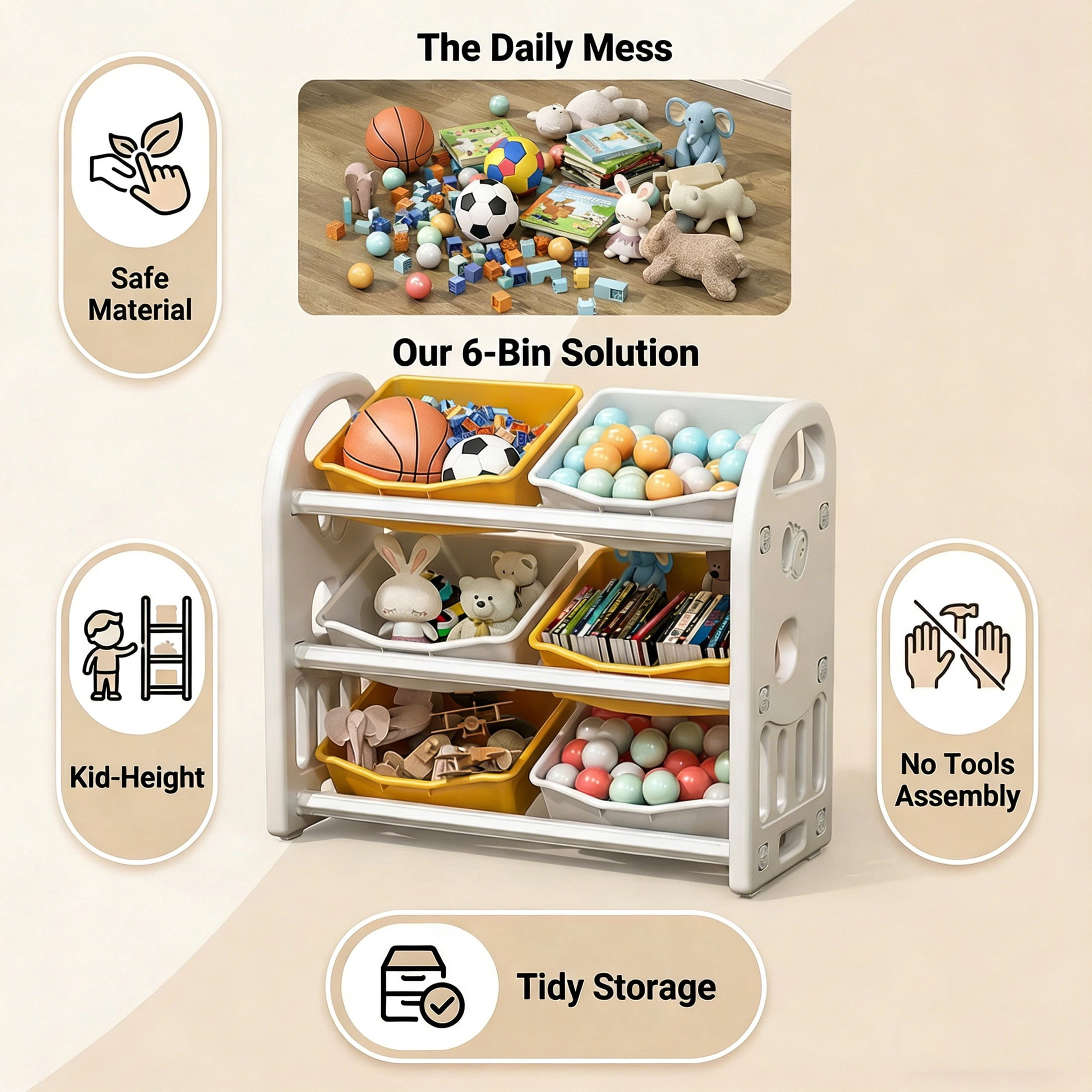 ANYEDDE Toy Storage Organizer with 3-layer structure and 6 Bins,Bookshelf/Bookcase, Kids Bin Shelf,Toys Box for Playroom Organization for Bedroom & Room Decor,Yellow White