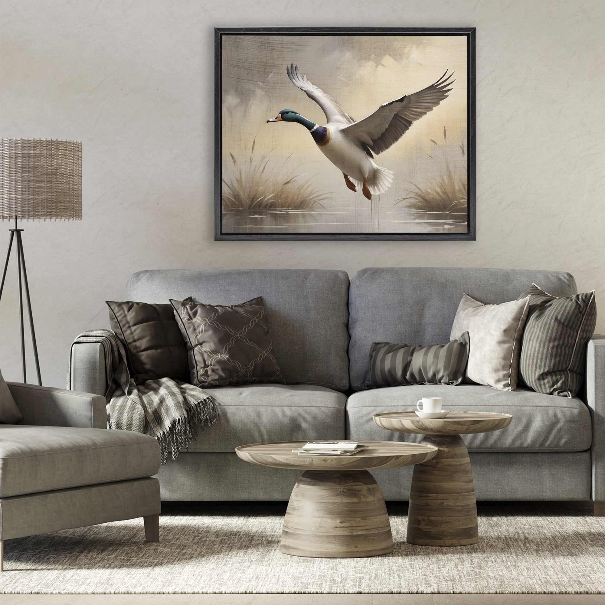 Stupell Industries Gliding Mallard over Wetlands Black Framed Floater Canvas Wall Art, design by Susan Arnot