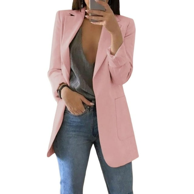 Womens Open Front Blazer Long Sleeve Solid Slim Fit Work Office Cardigan Jacket S-XXL