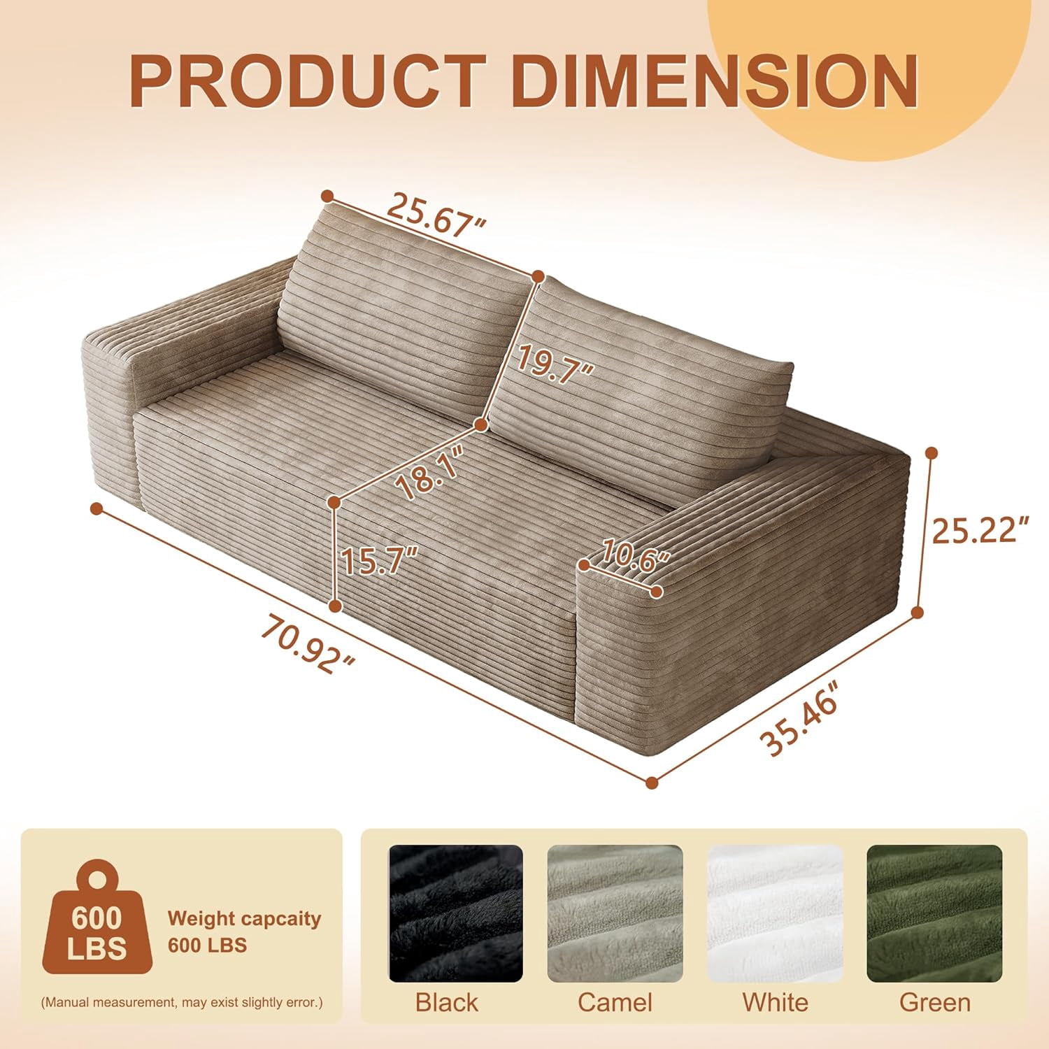 71" Corduroy Loveseat Sofa, 3-Seater Cloud Couch, Boneless Couch in a Box, Deep Seat Sofa with Memory Foam, No Assembly Required(Camel)