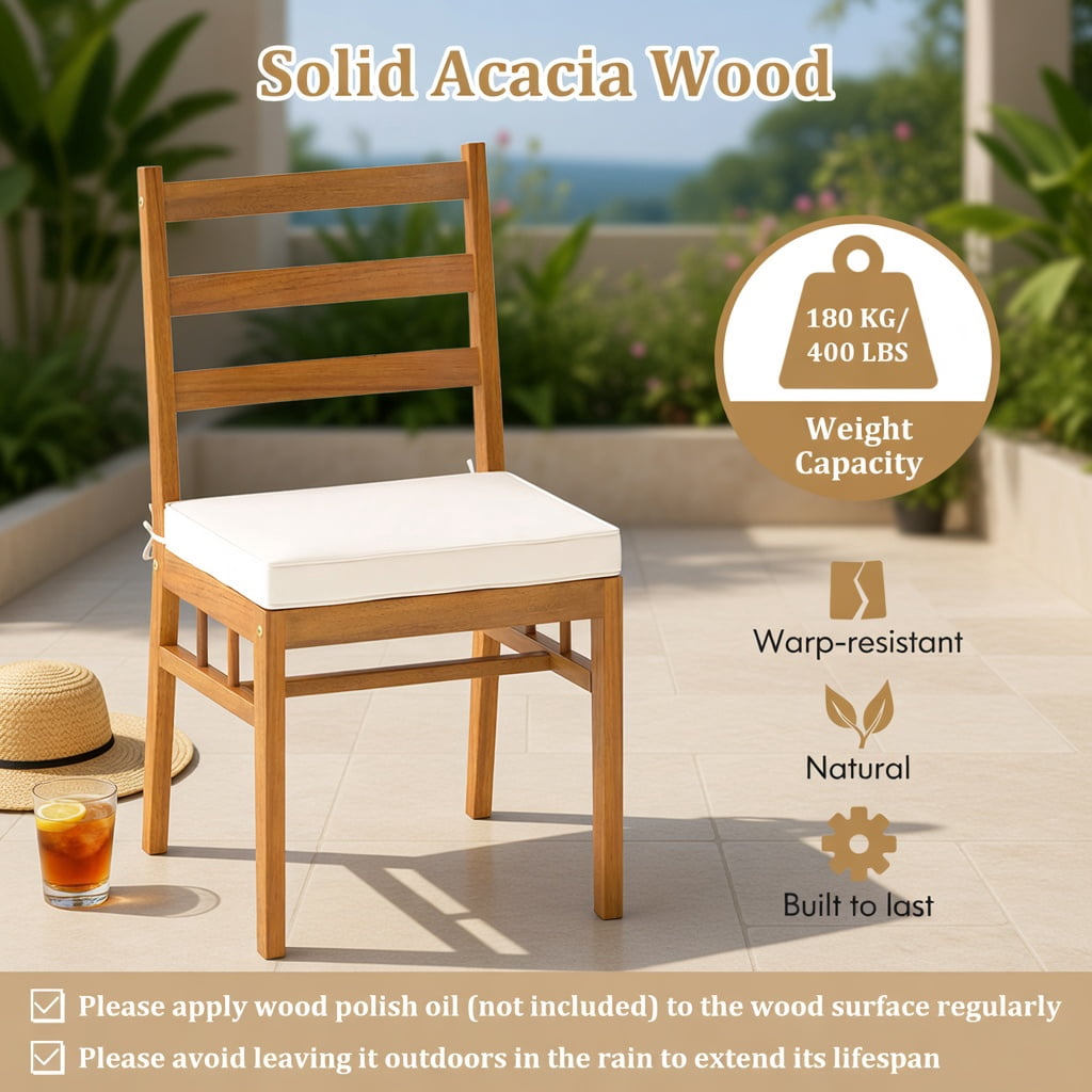 Hommoo Set of 4 Outdoor Acacia Wood Dining Chairs with Removable Polyester Cushions, Heavy-Duty H-Frame, White