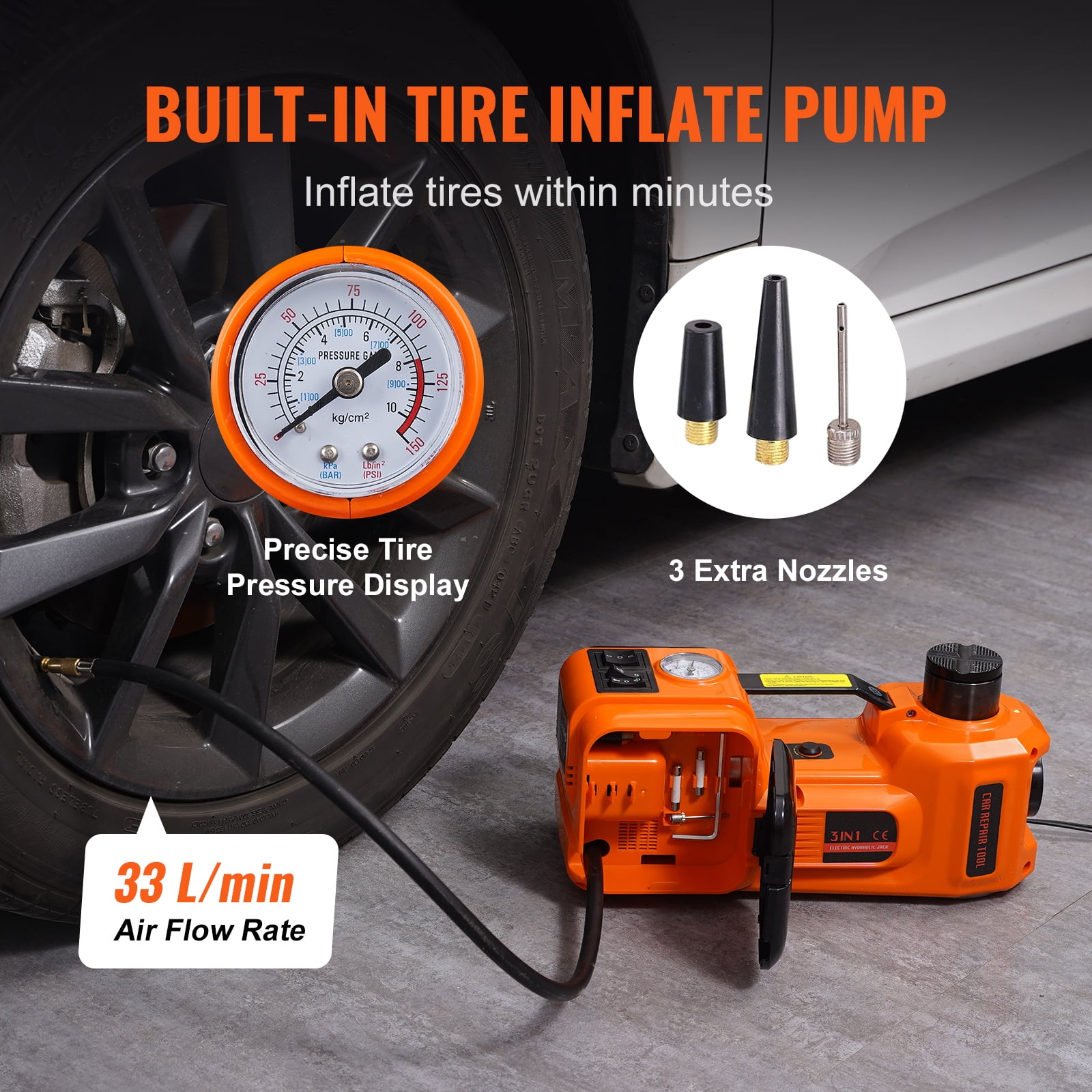 KFFKFF Electric Car Jack, 5 Ton Capacity Hydraulic Lift with Electric Wrench, Compact Vehicle Elevator with Integrated Air Pump and LED for SUVs, MPVs, Sedans, and Trucks, Tire Change and Repair