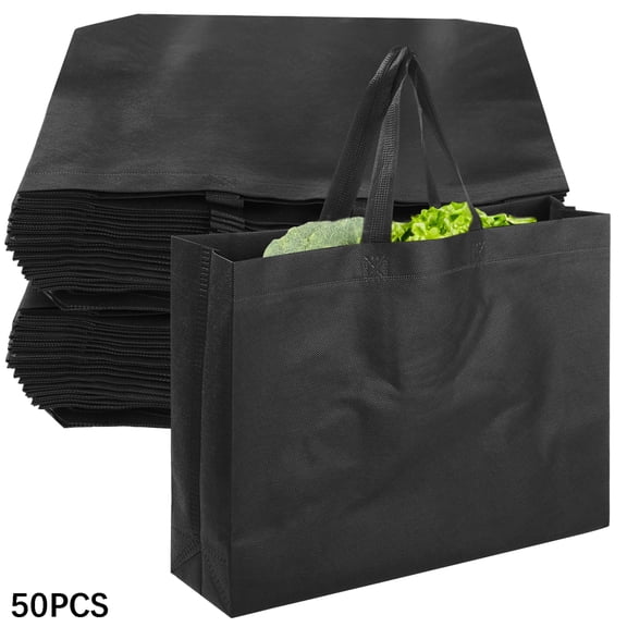 GASTROPOD 50 Pcs Reusable Tote Bags,Black Non-Woven Grocery Bags,Customizable Shopping Bags with Handles,Portable Bags for Shops,Retail Stores,Travel,15.7×3.9×11.8"