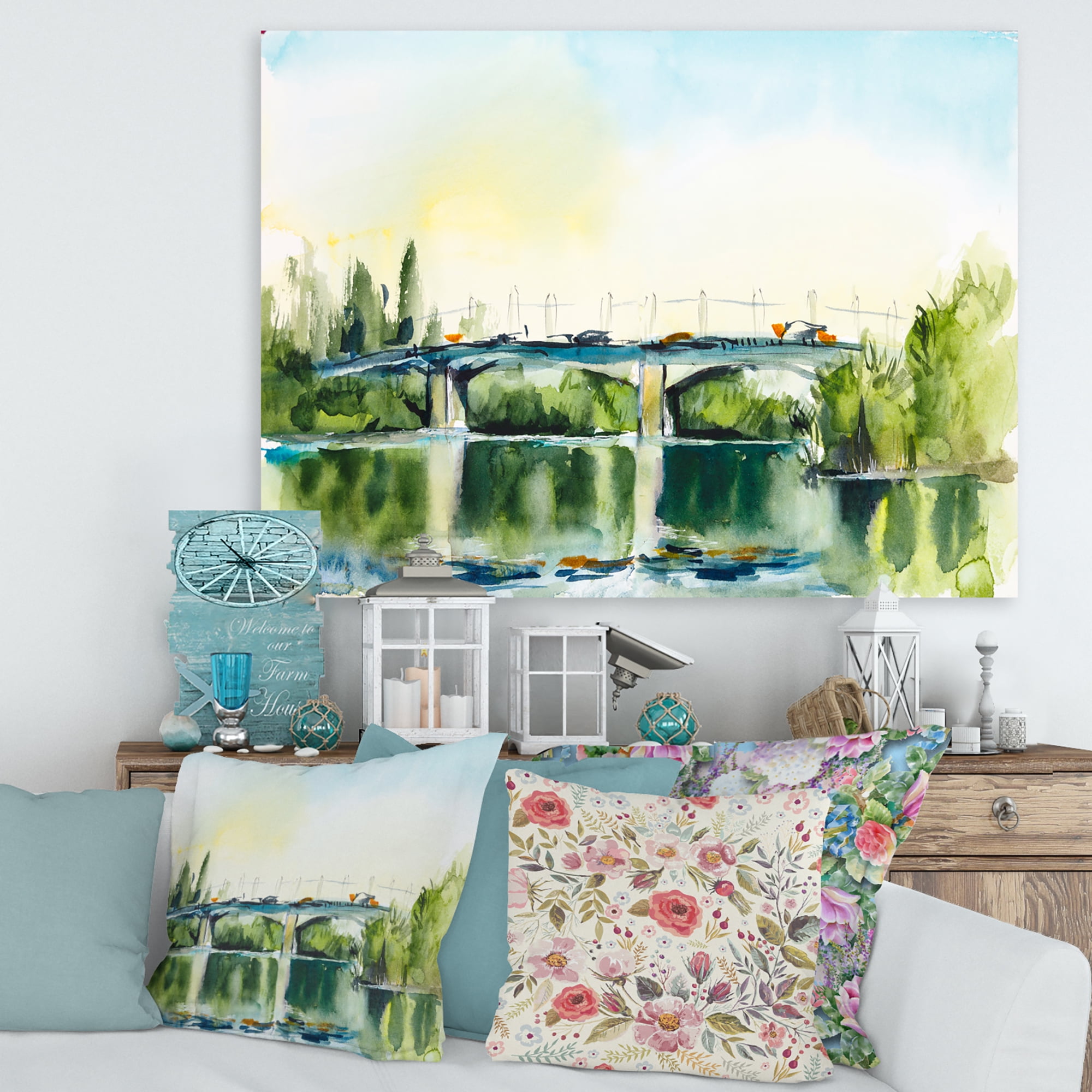 Designart ' Landscape With Old Bridge Over River In The Countryside ' Traditional Canvas Wall Art Print