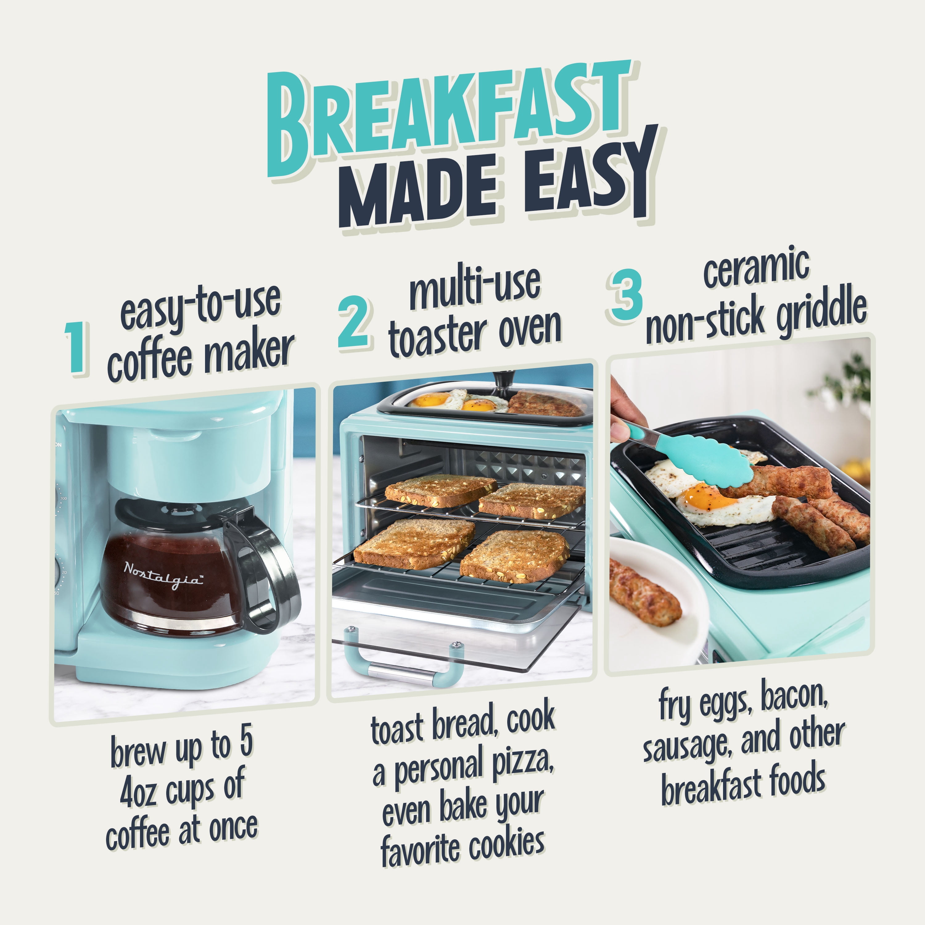 Nostalgia 3-in-1 Retro Breakfast Station - Includes 5 Cup Coffee Maker, Non-Stick Ceramic Griddle, and 4-Slice Toaster Oven - Built-In Timer, Reusable Coffee Filter, Space-Saving Design - Aqua
