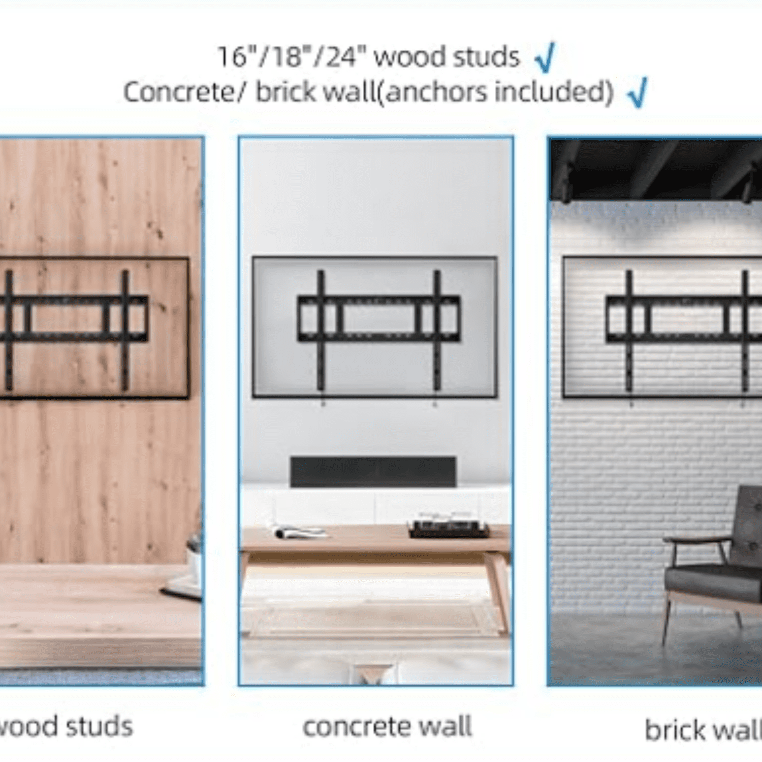 Heavy Duty Fixed TV Wall Mount Bracket, 264 Lbs Capacity for 48-120 Inch Extra Large Flat Screen Smart TVs, Max VESA 800x600 mm, Stud Spacing 12"-28", Low-Profile F Slim Design
