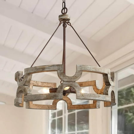 LNC 3-Light Drum Wood Chandelier Rustic&Farmhosue Style for Kitchen Island