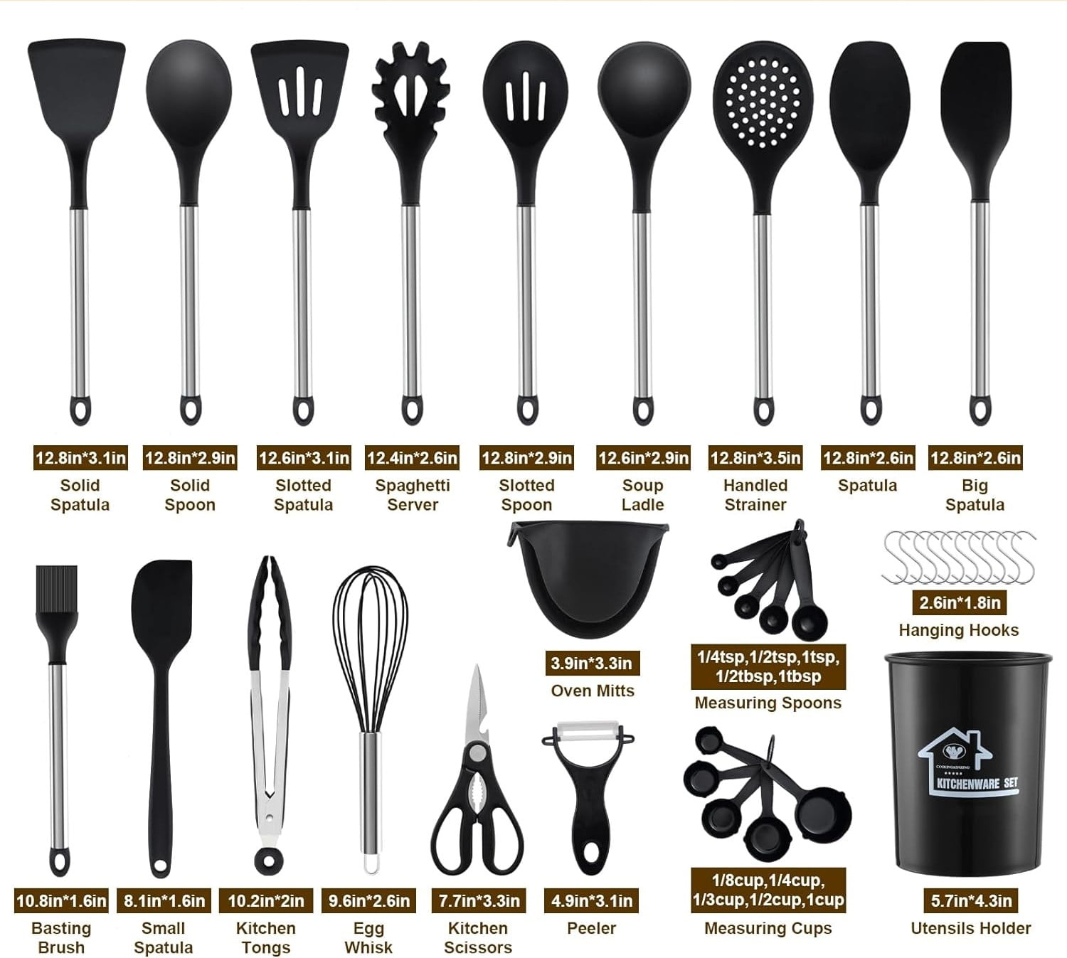 Mirdinner Silicone Cooking Utensils Set, 21 Pcs Safe Food-Grade Kitchen Utensils Set with Holder, BPA-Free, Non-stick Heat Resistant Silicone Cookware with Stainless Steel Handle, Black