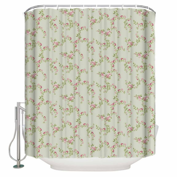 Fabric Shower Curtain Vintage Rustic Floral Light Pink Roses Leaves Sage Green Shower Curtains with 12 Hooks Waterproof Machine Washable Bath Curtains for Bathroom, 66 x 72in