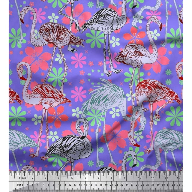 Soimoi Polyester Crepe Fabric Floral & Flamingo Bird Printed Craft Fabric by The Yard 52 Inch Wide