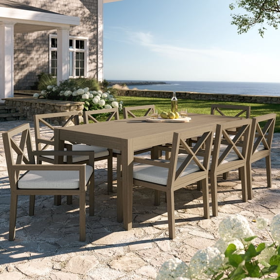 Modway Northlake 9-Piece Outdoor Teak Wood Dining Set in Weathered Gray Pebble