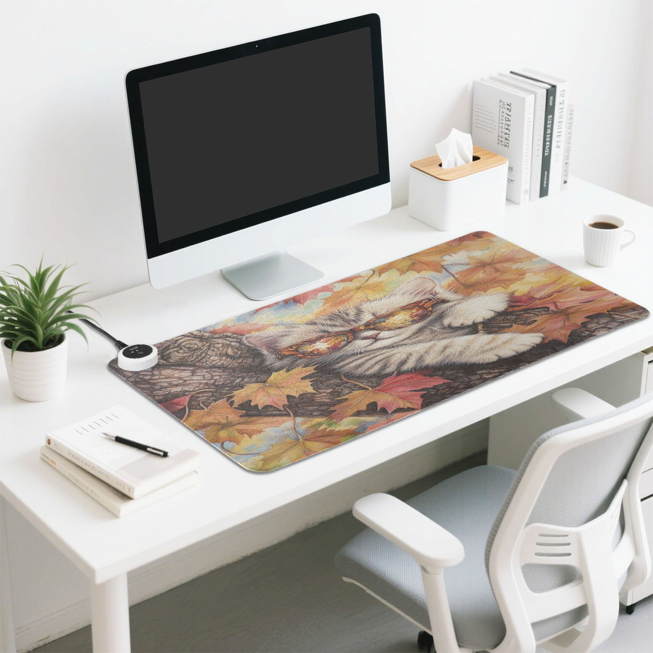 Wobogo Maple Leaf Cat Heated Mouse Pad Extra-Large Desk Mat With 3 Heating Levels and 3-hour Auto Shut-Off Protection Ideal for Computer Keyboards Home Office Hand-warming Essential 31.5in × 13in