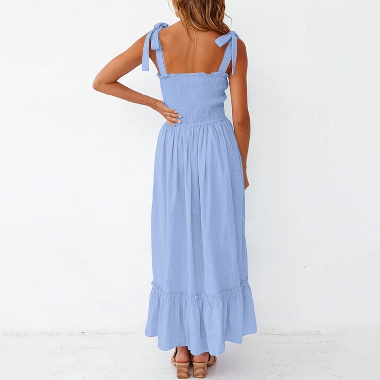 Cagogo Casual 2025 Sleeveless Tie Strap Homecoming Dresses for Women Summer Square Neck Smocked A-Line Flowy Tiered Long Maxi Pleated Sun Dresses Cute