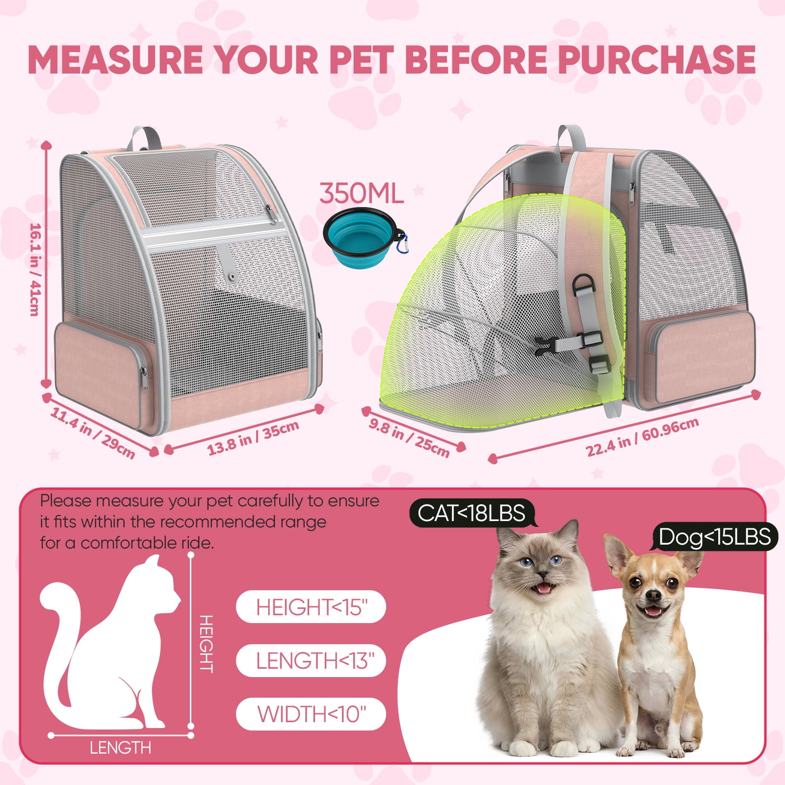 Cat Carrier Backpack Expandable Cool-Ventilated Pet Carrier Backpack for Cats and Small Dog Puppies Outdoor Travel Bag for Pets, Pink