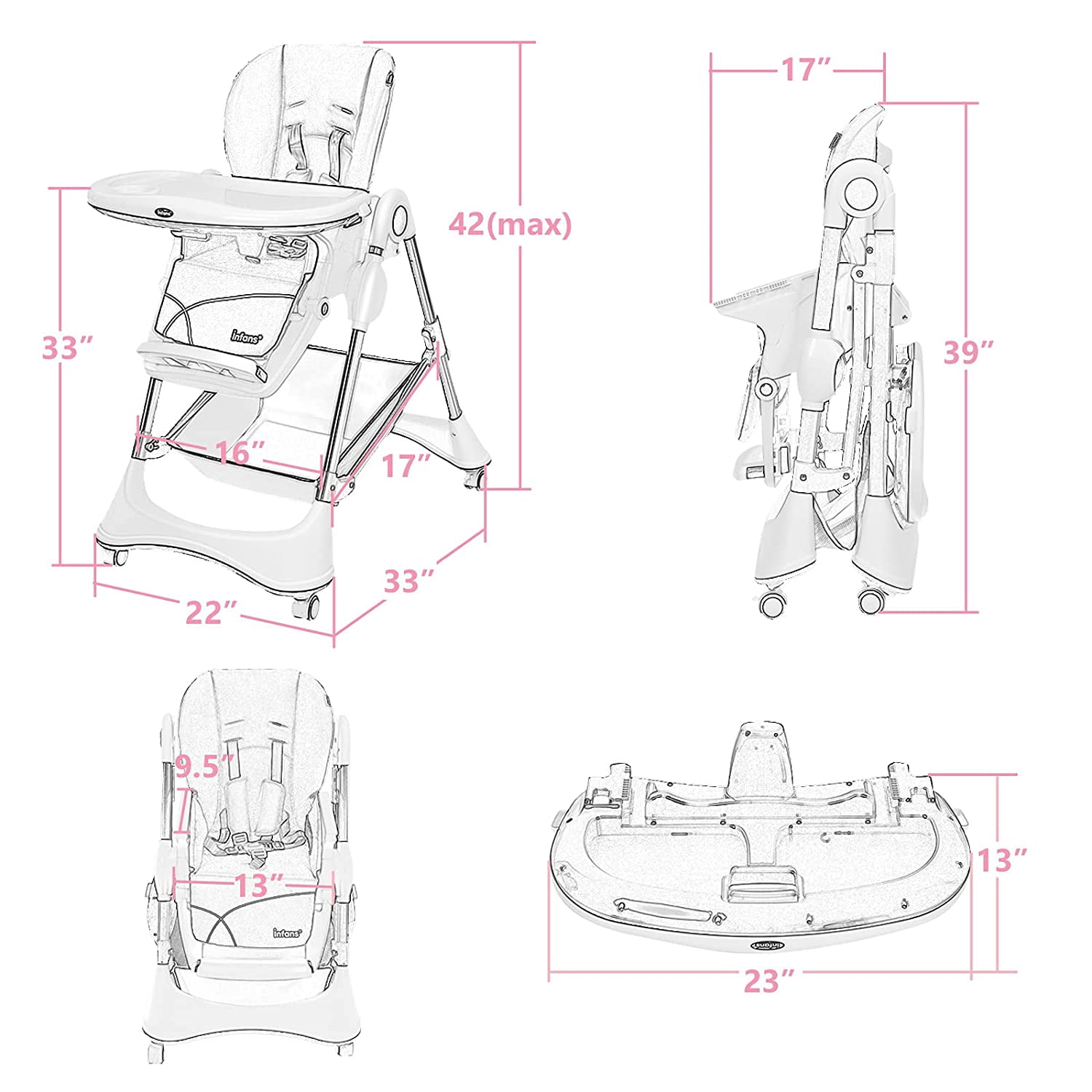 INFANS High Chair with One-Hand Removable Tray, 4 Lockable Wheels & Large Storage Basket - Multi-Adjustable Height, Footrest, Removable Cushion, Foldable for Baby, Infant& Toddler, Pink