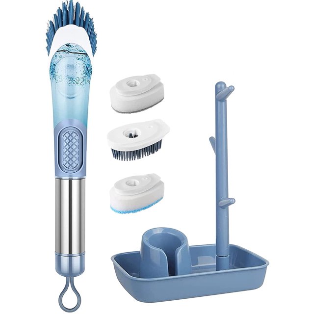 Brosse de Vaisselle avec Distribution de Savon, Brosse Multifonctions pour la Cuisine avec Poignée, 3 Brosses et Support Rigides de Remplacement, Brosse à Vaisselle de Distribution de Savon Profonde