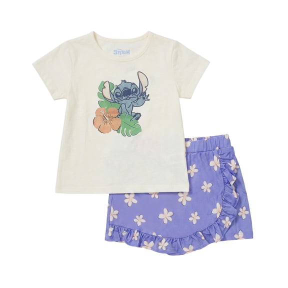 Disney Lilo and Stitch Girls Skort & T-Shirt Set, Summer Outfit, Skirt for Toddler & Little Kids, 2-Pieces (Purple, 6)