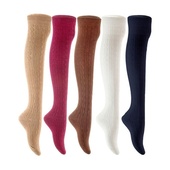 Lian LifeStyle Women's 5 Pair Adorable Comfortable Soft Thigh High Over Knee High Cotton Socks Size 6-9 L1024 Beige,Wine,Coffee,White,Navy
