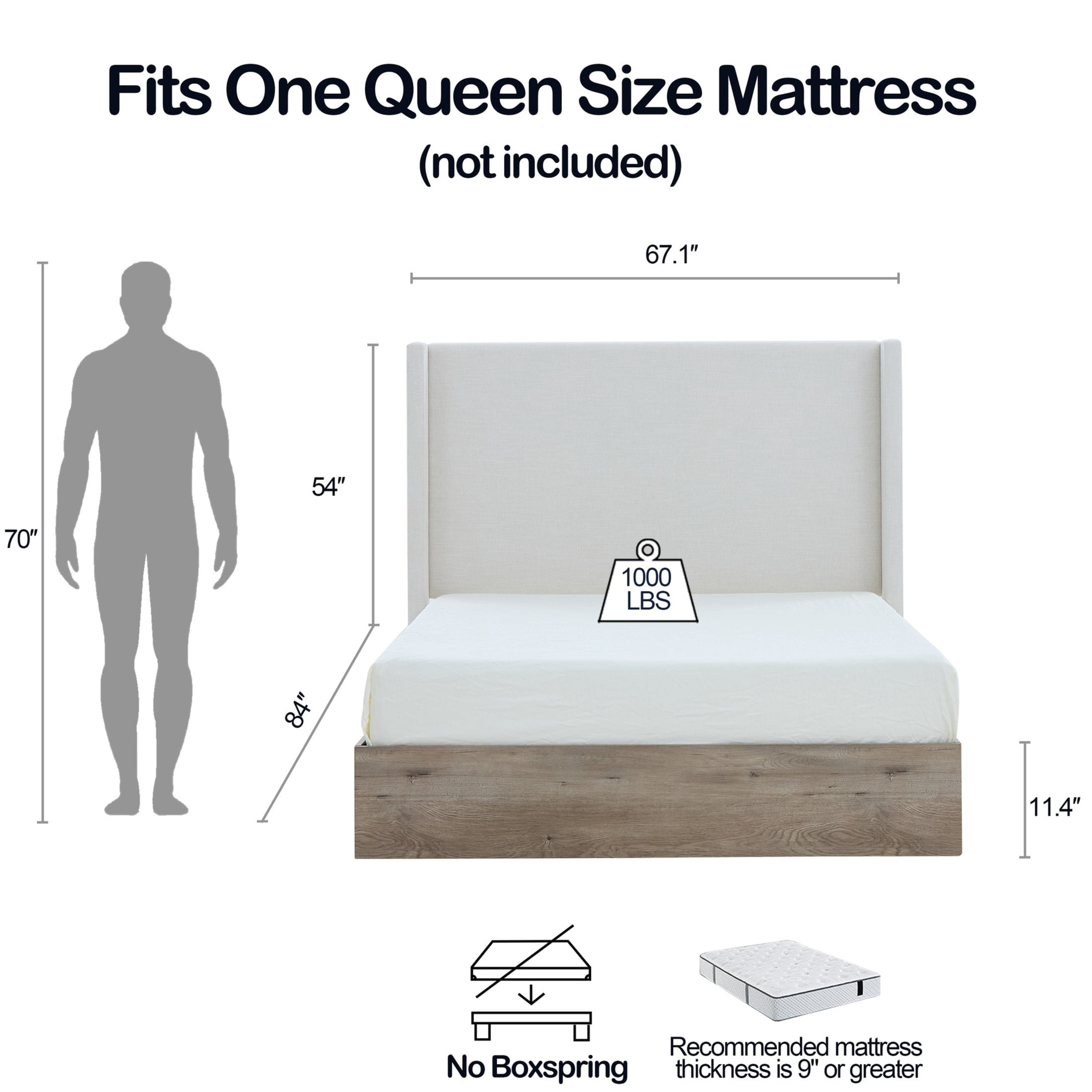 Noble House Shelton Queen Upholstered Wingback Bed, 54" High Headboard, Wood Base, Ivory