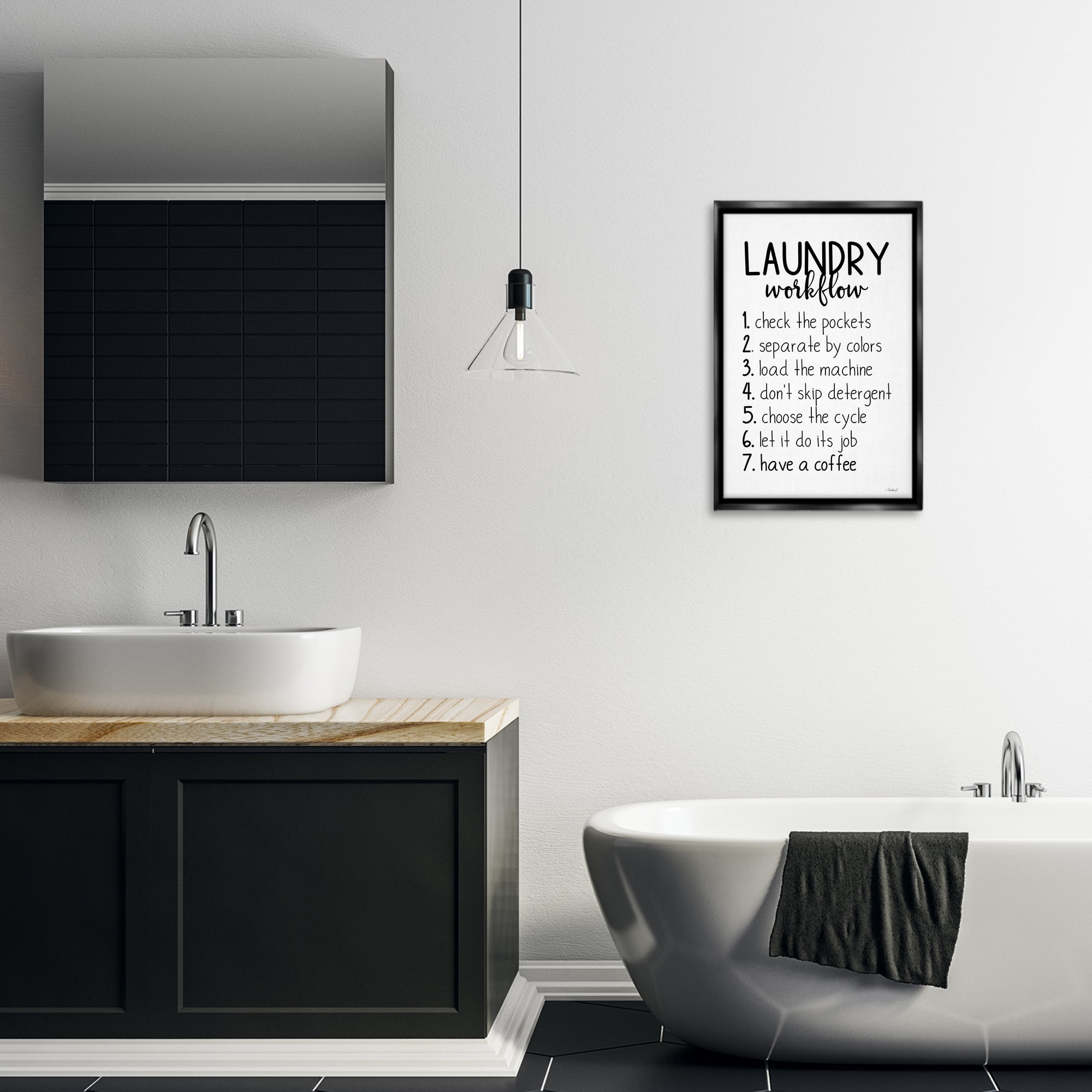 Stupell Industries Laundry Workflow Steps Bath & Laundry Painting Black Floater Framed Canvas Art Print Wall Art, 17 x 25