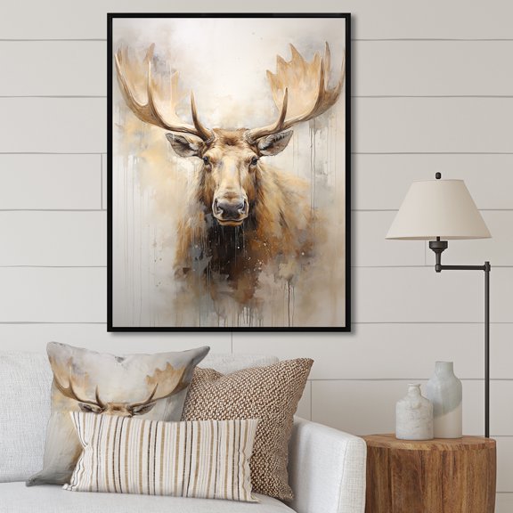 Designart "Majestic Moose Portrait In Beige And Gold" Moose Floater Framed Canvas Art Print