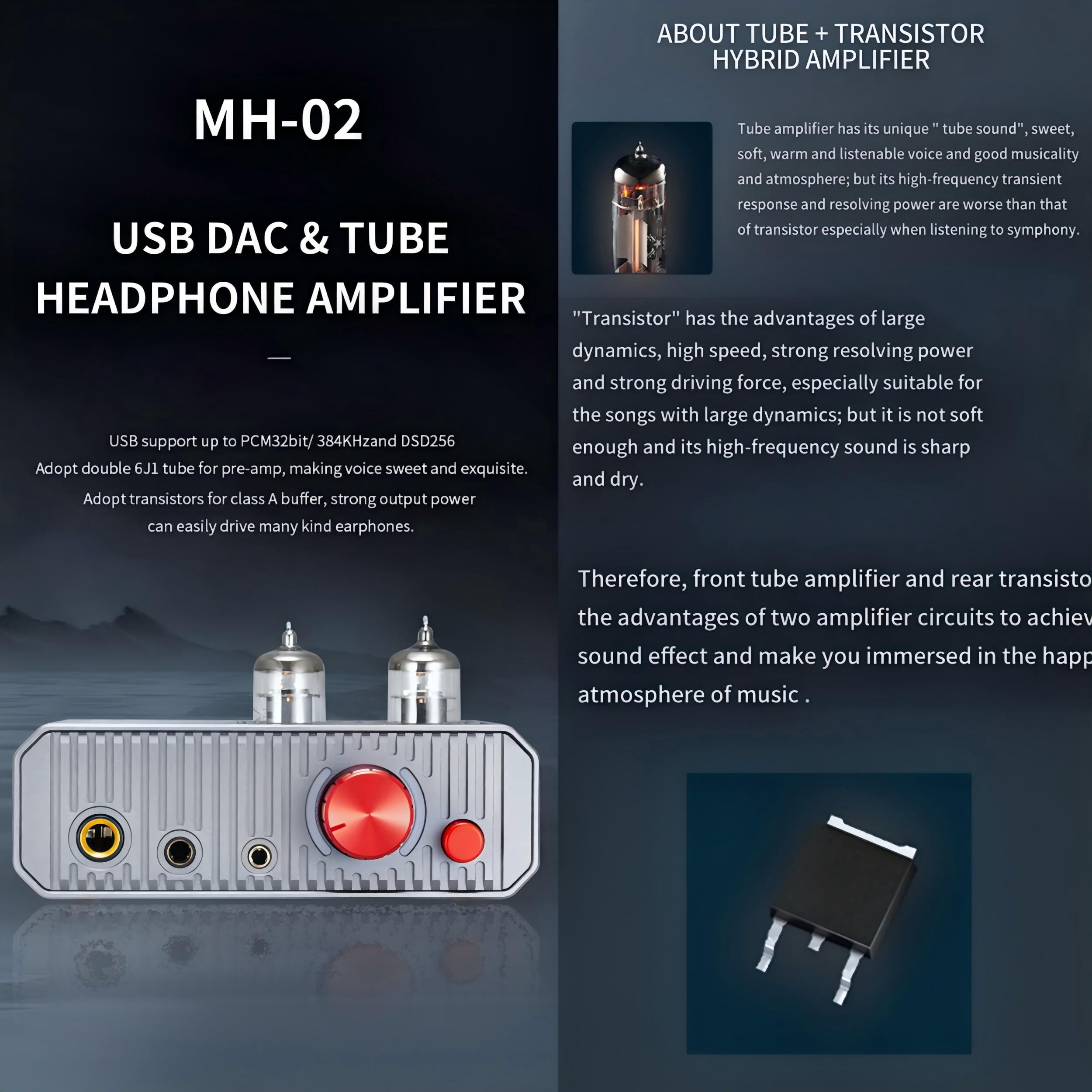 xDuoo MH-02 USB DAC,6J1 Tube Headphone Amplifier Combo,1300mW output,as a pre-amplifier,Gray
