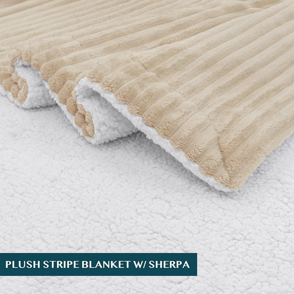 PAVILIA Reversible Sherpa Fleece Throw Blanket Twin Cream Beige, Soft Fuzzy Plush Flannel Throw, Warm Ribbed Microfiber Blanket for Sofa Couch Bed, Thick Striped Blanket, Beige, 60x80