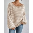 thumbnail image 3 of Women'S 2025 Fall Long Sleeve Casual Loose Striped Off Shoulder Casual Oversized Knitted Sweater Pullovers Beige M, 3 of 5