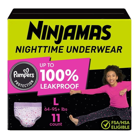 Ninjamas Girls Bedwetting Nighttime Underwear, Size L (64-95+ lbs)