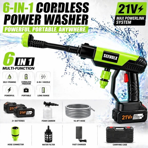 SEEVOLX 21VF Cordless High Pressure Spray Gun Tools, 6-in-1 Nozzle Portable Water Sprayer, Ergonomic Handle Booster Washer for Car, Driveway Outdoor Cleaning