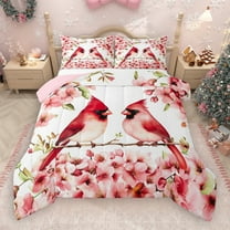 Manfei Cute Xmas Cardinals Queen Comforter Set,Sakura Bedding Sets,Pink Red White Bedding Comforter Set For Girls Teens,Ultra Soft Home Decor Reversible,3 Pieces