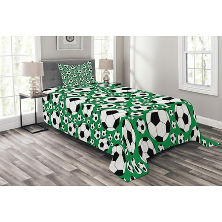 European Style Set Soccer Bedspread Set, Various Sizes Footballs Pattern Active Lifestyle Popular Sport from Europe, Decorative Quilted Coverlet Set with Pillow Shams Included, Green Black White, by Ambesonne ()