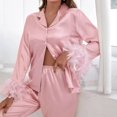 thumbnail image 3 of BKQU-Pijama de plumas para mujer, de 2 piezas ropa de dormir, Tops de manga larga con cuello vuelto, conjuntos informales de satén con pantalones, Otoño, 2023, 3 of 4
