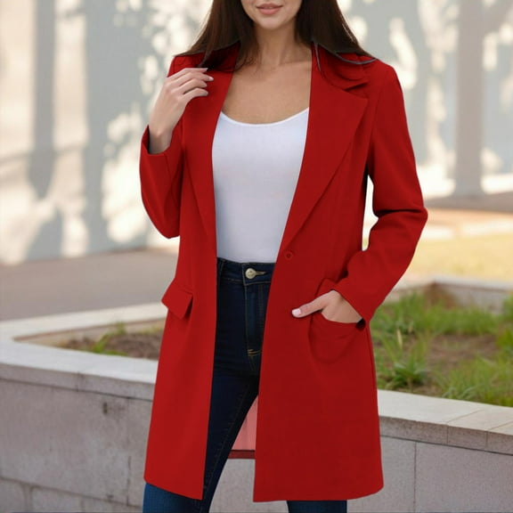 gbyLJF Women's Casual Business Windbreaker One Button Solid Color Overcoat Long Sleeve Mid-length Suit Jacket with Pockets