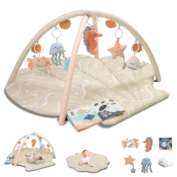 PRVAETU Baby Play Gym Mat, Oversize Tummy Time Activity Mat with 6 Detachable Toys for 3-18 Months Infant Sensory Exploration Skill Development,Beige