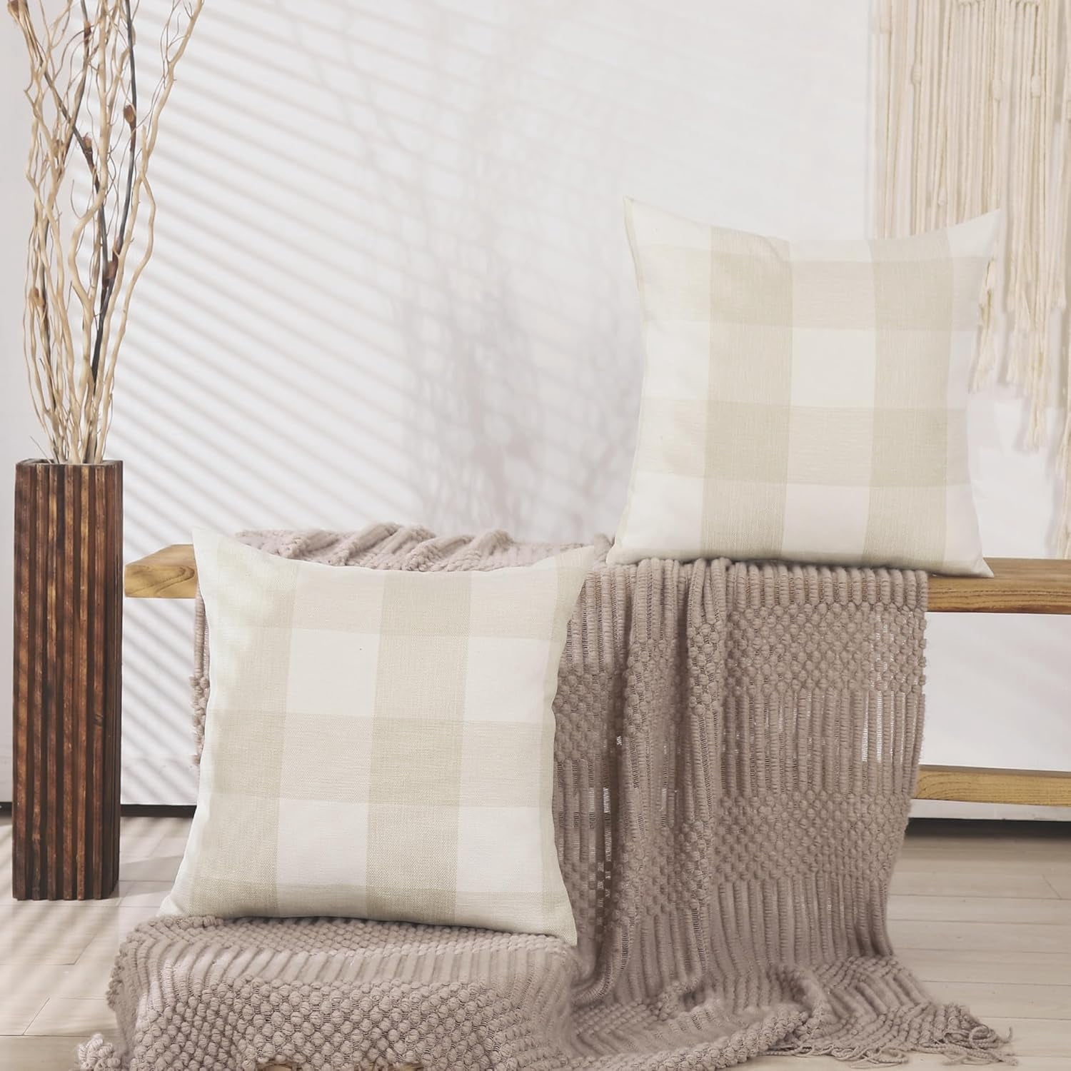 Beige Cream White 20x20 Outdoor Throw Pillow Covers Set of 2 Buffalo Plaid Farmhouse Pillow Covers 20 x 20 Inches, Boho Plaid Decor for Outdoor Patio and Yard