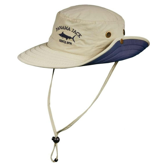 Panama Jack Boonie Fishing Hat - Lightweight, Packable, UPF (SPF) 50 Sun Protection, 3" Floating Brim (Khaki/Navy, Medium)