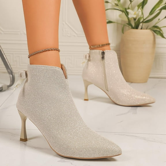 Viluyesy Womens Dress Boots, Kitten Heel Pointed Toe Back Zipper Suede Leather Mid Calf Boots Beige