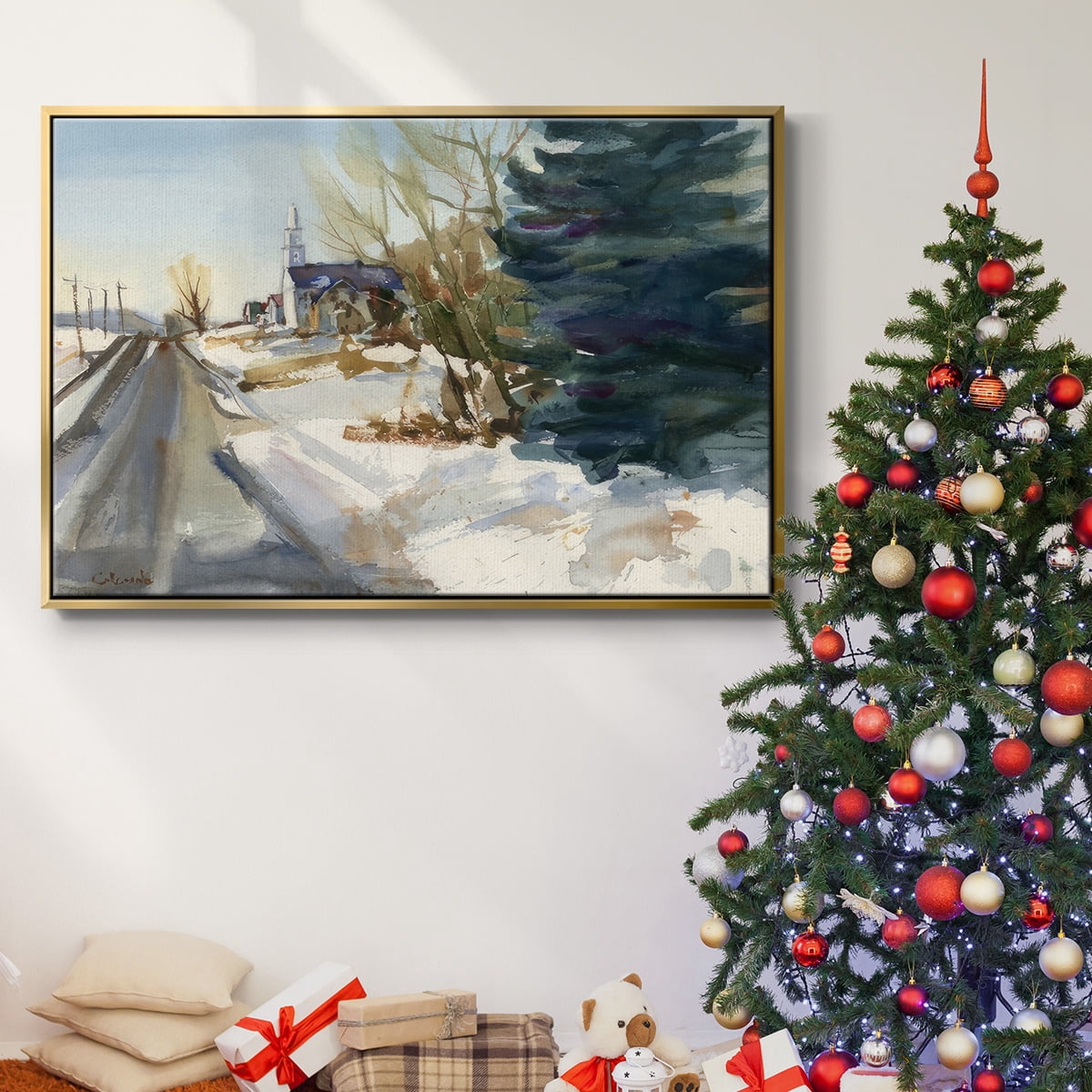 Congregational Church in Winter - Framed Gallery Wrapped Holiday Canvas - 17 x 25 - Gold Frame