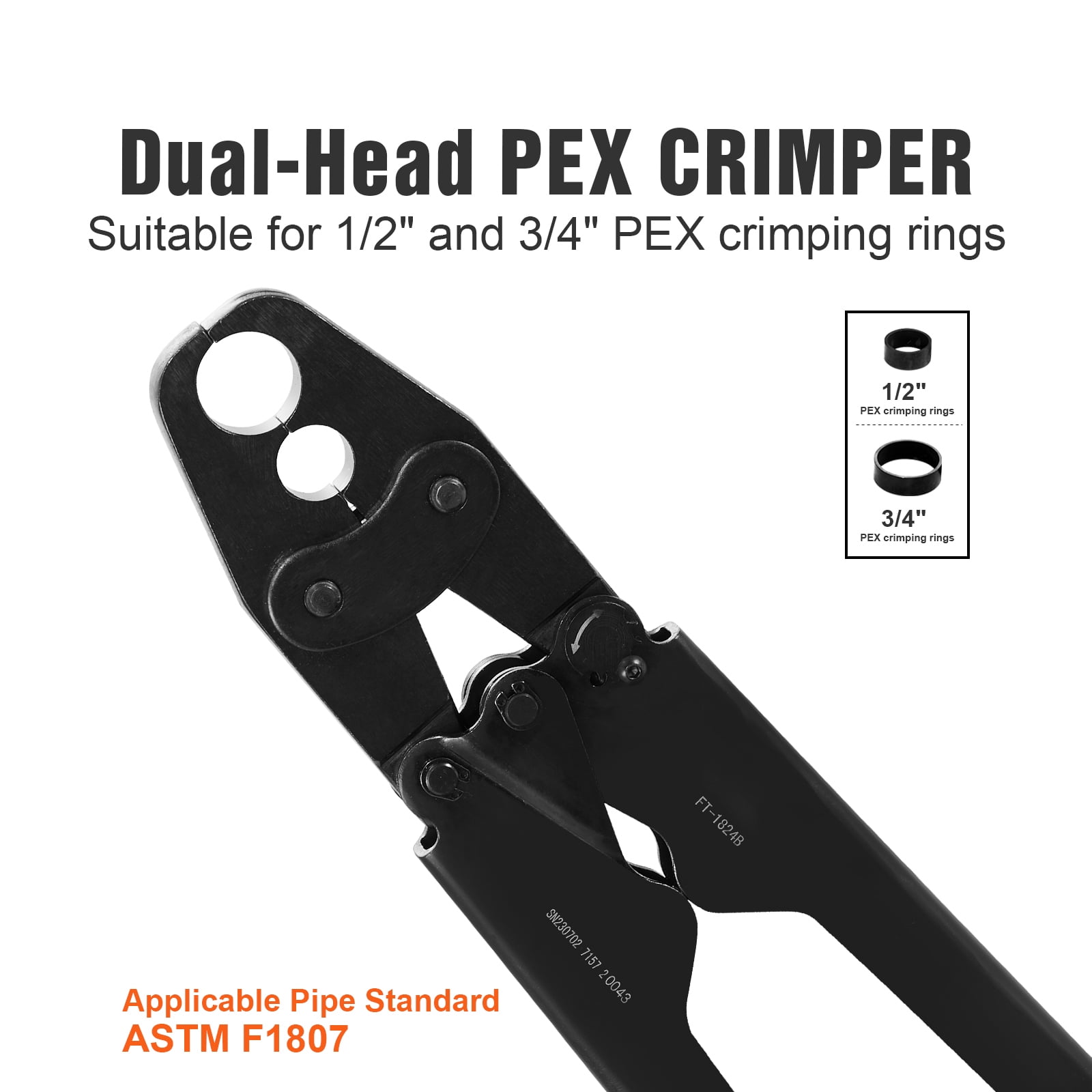 SKYSHALO PEX Crimping Tool, Dual Head Combo PEX Crimper Tool for 1/2" and 3/4" PEX Copper Crimp Rings, Compact Plumbing Crimp Tool with Go/No-Go Gauge, Well-Polished Jaw