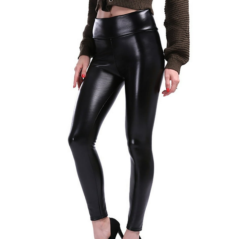 Women's Fleece Lined Leggings Leather High Waisted Comfy Trendy