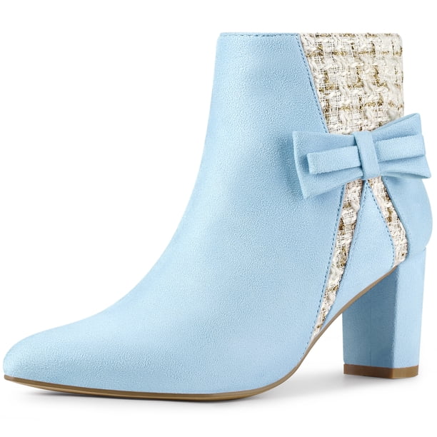 Botines de tacones en bloque con punta puntiaguda a cuadros para mujer Cielo azul 38.5
