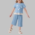 thumbnail image 2 of BLTIBY Girls Summer 2 Piece Outfits Cute Bows Ruffle Ribbed Short Sleeves Tops and Wide Leg Capri Pants Clothing Sets Blue 9-10 Years, 2 of 6