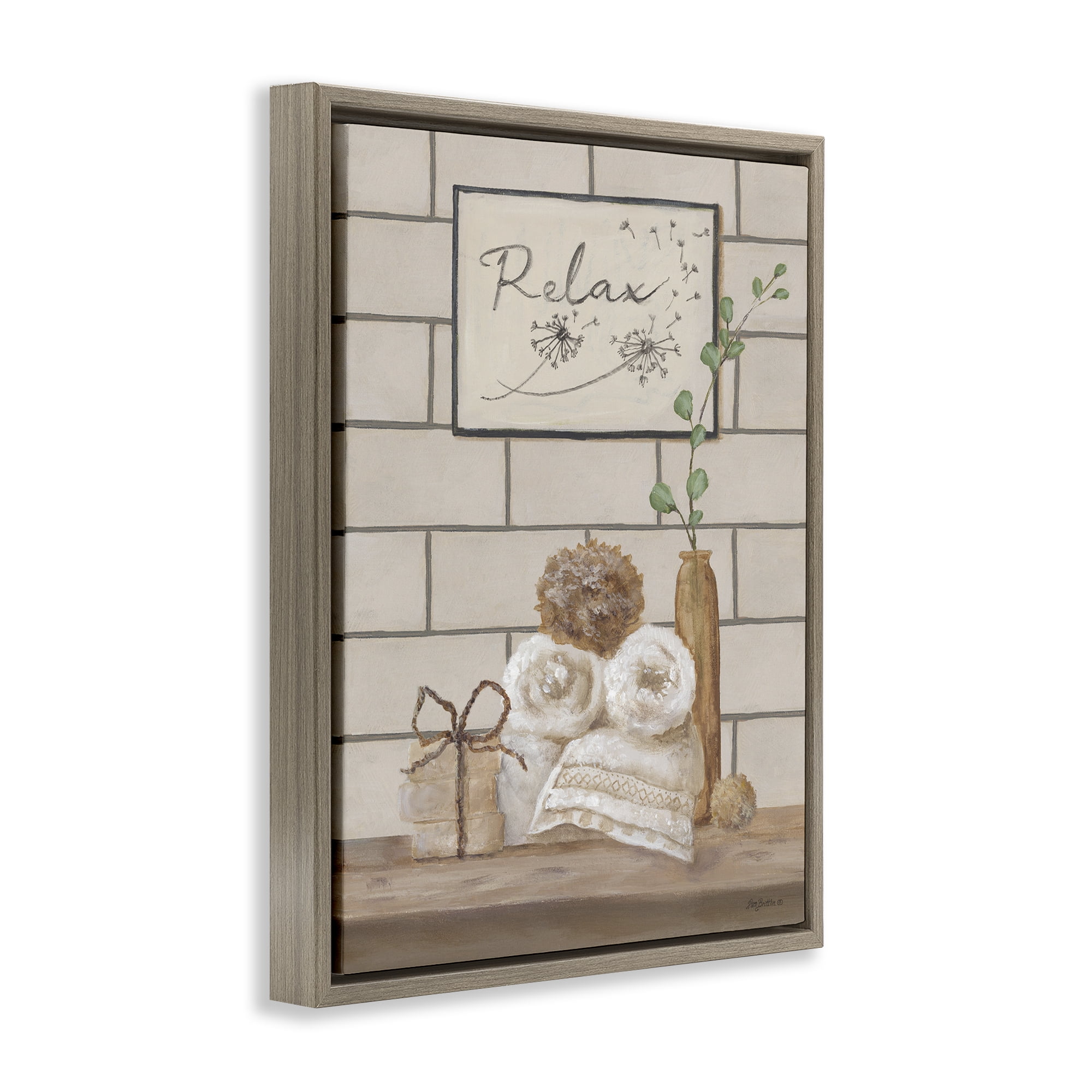 Stupell Industries Relax Bathroom Scene Typography Painting Brown Floater Framed Canvas Art Print Wall Art, 17 x 21