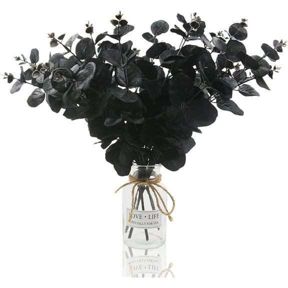 6 Pcs Artificial Black Eucalyptus Stems, 14" Eucalyptus Leaves Branches Bouquet for Flower Arrangement DIY, Black Silk Flowers for Home Halloween Farmhouse Decor (Black, 6)